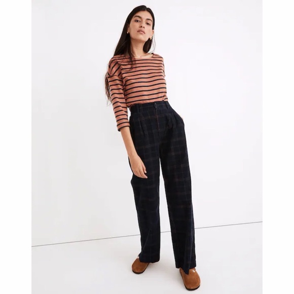 Madewell Pants - Madewell Corduroy Pleated Wide-Leg Pants in Windowpane - Blue Multi Plaid